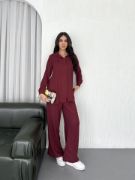 Yakalı Düğmeli Uzun Kollu Gömlek Pantolon Ikili Takım - Bordo resmi